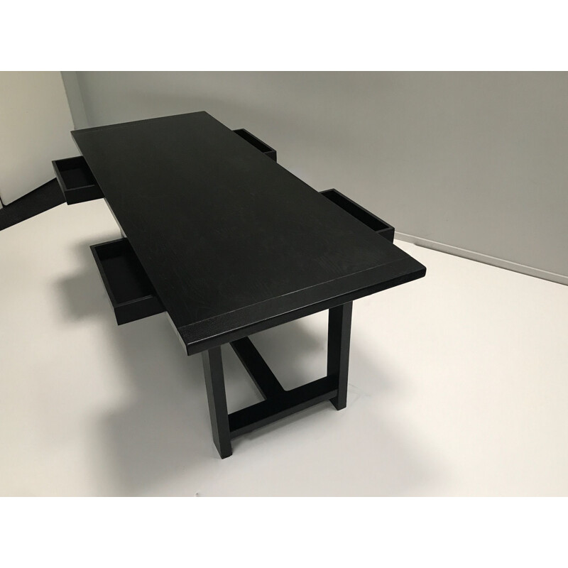 Long vintage Black oak brutalist dining table by De Coene Belgium 1970s