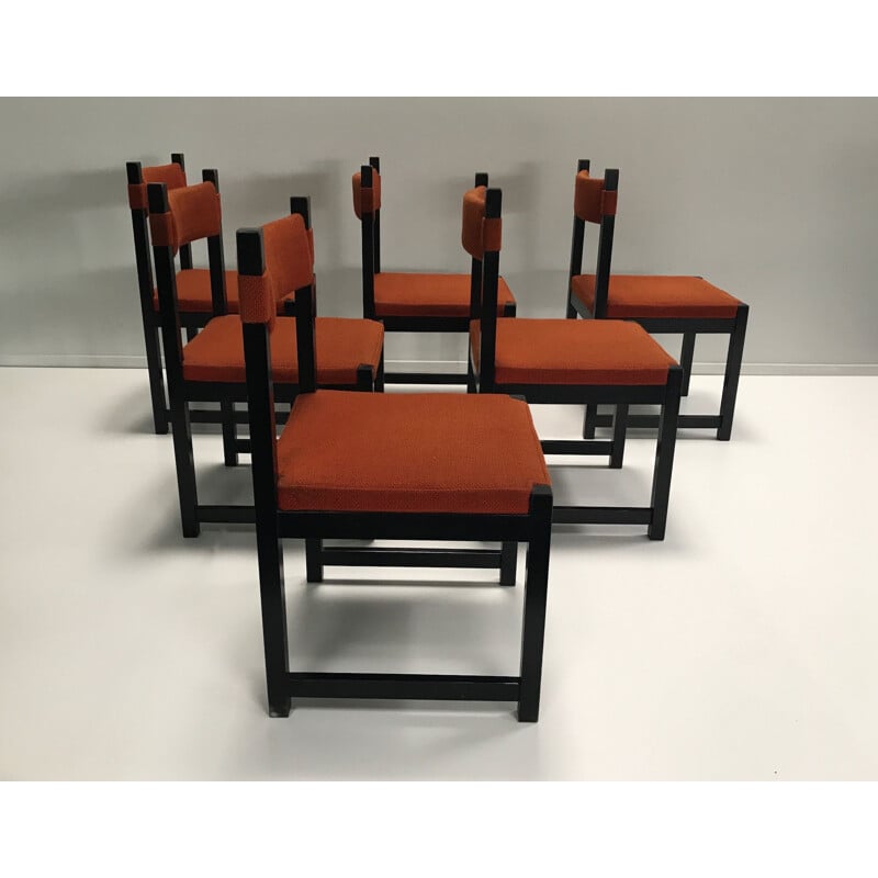 Set of 6 vintage Brutalist stained oak dining chair by Emiel Veranneman for De Coene Belgium 1970s