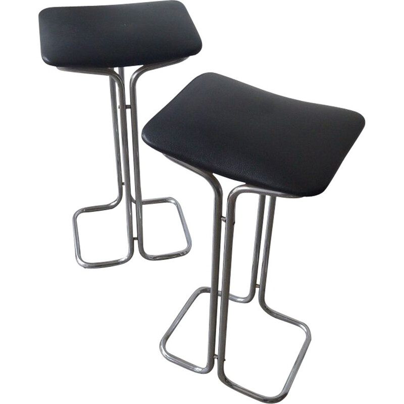 Pair of vintage bar stool in skai and chromed metal 1970