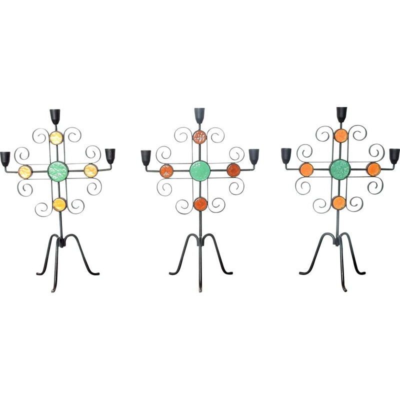 Set van 3 vintage kandelaars in smeedijzer en glas van Gunnar Ander voor Ystad-Metall, Zweden 1960