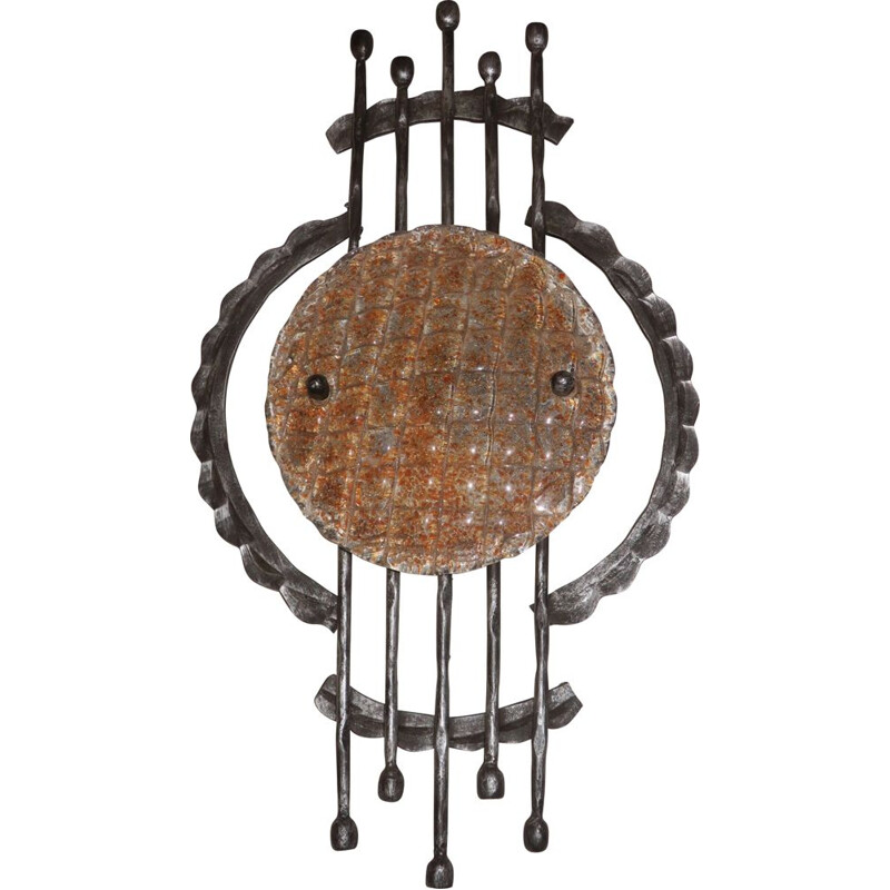 Vintage wall lamp in wrought iron and Murano glass, 1950