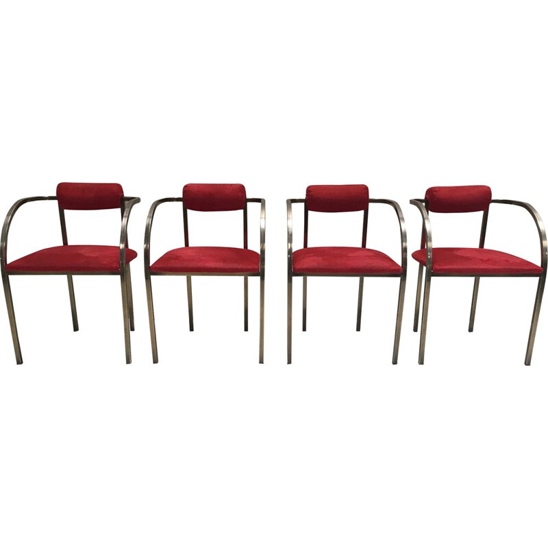 Set of 4 vintage brass and velvet yacht chairs USA art deco 1970