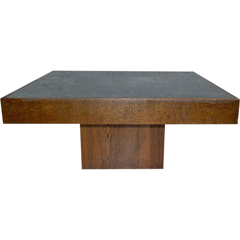 Table basse vintage brutaliste en zinc et bois gravée, Bernhard Rohne 1960