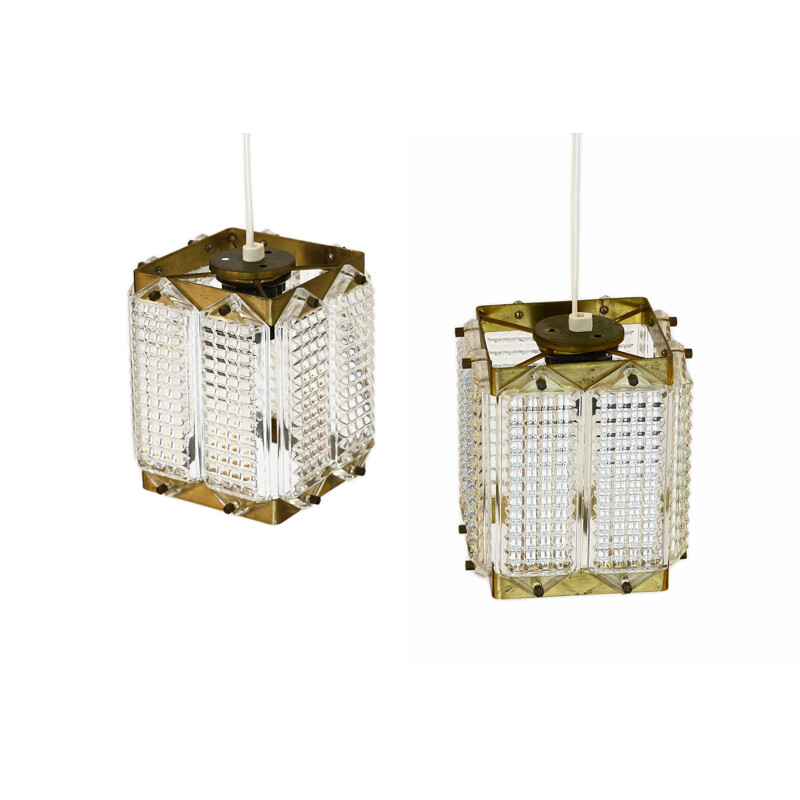 Pair of vintage brass and glass pendant lights by Wiktor Berndt for Flygsfors Sweden 1960s