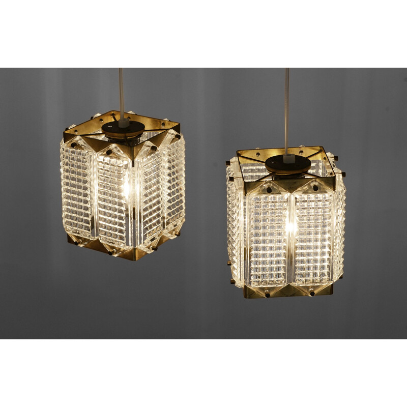 Pair of vintage brass and glass pendant lights by Wiktor Berndt for Flygsfors Sweden 1960s