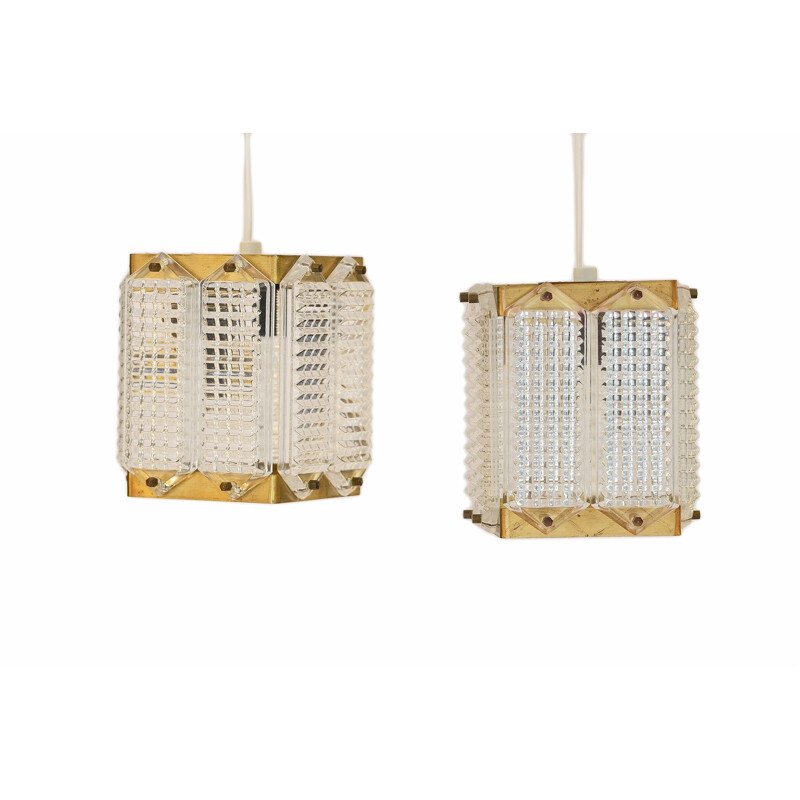 Pair of vintage brass and glass pendant lights by Wiktor Berndt for Flygsfors Sweden 1960s