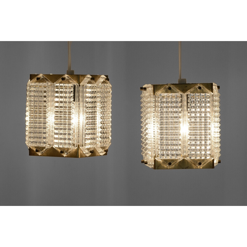 Pair of vintage brass and glass pendant lights by Wiktor Berndt for Flygsfors Sweden 1960s