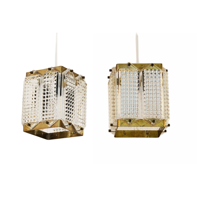 Pair of vintage brass and glass pendant lights by Wiktor Berndt for Flygsfors Sweden 1960s