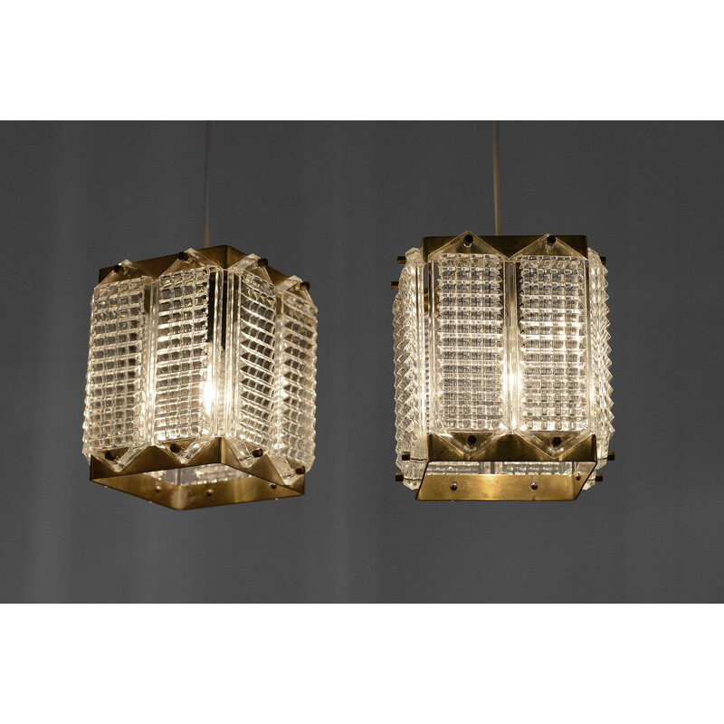 Pair of vintage brass and glass pendant lights by Wiktor Berndt for Flygsfors Sweden 1960s