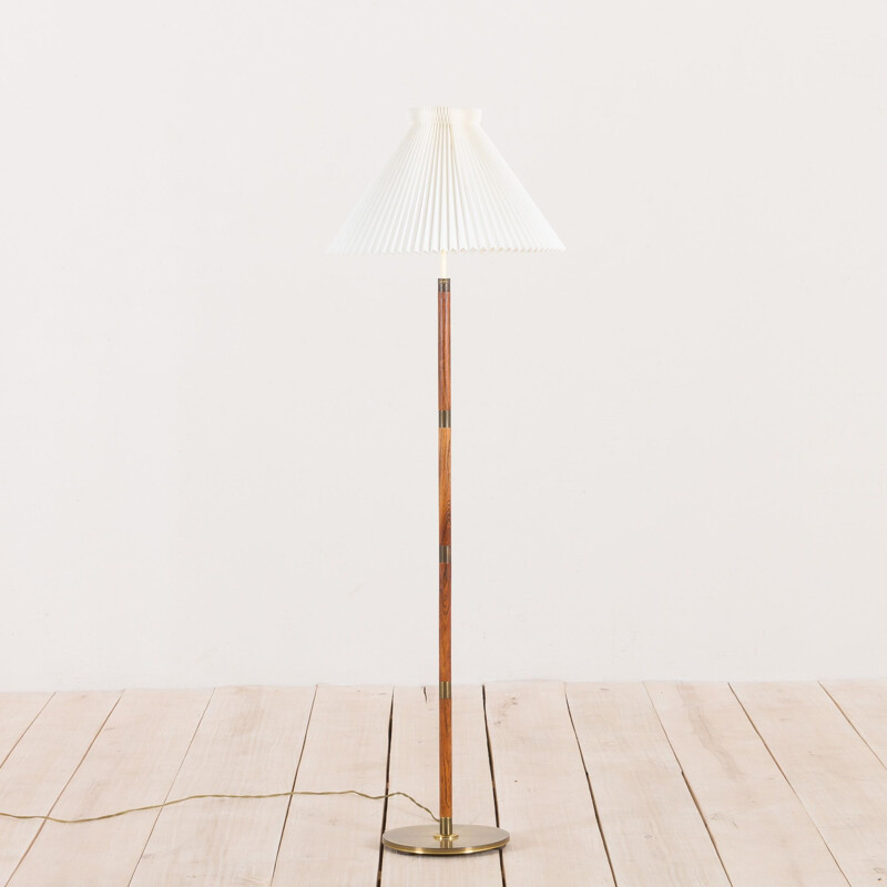 Vintage rosewood and brass floor lamp with Le Klint shade Danish 