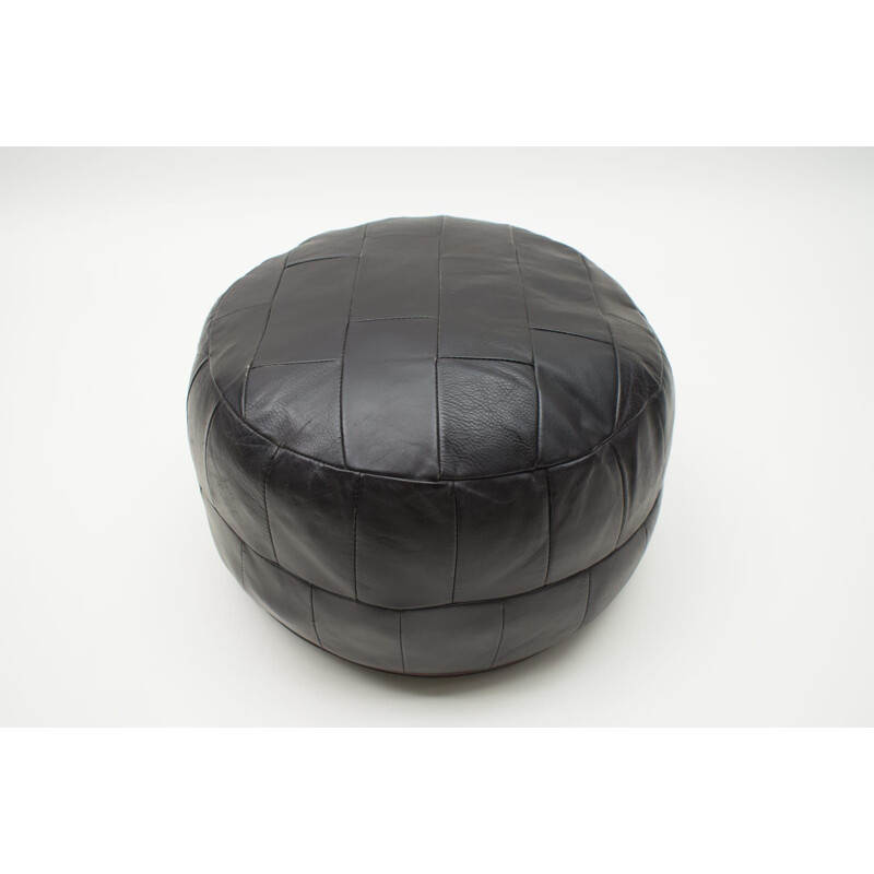 Vintage Swiss Black Leather Ottoman, 1960s