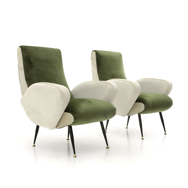 Pair of vintage armchairs in green and white velvet, 1950s