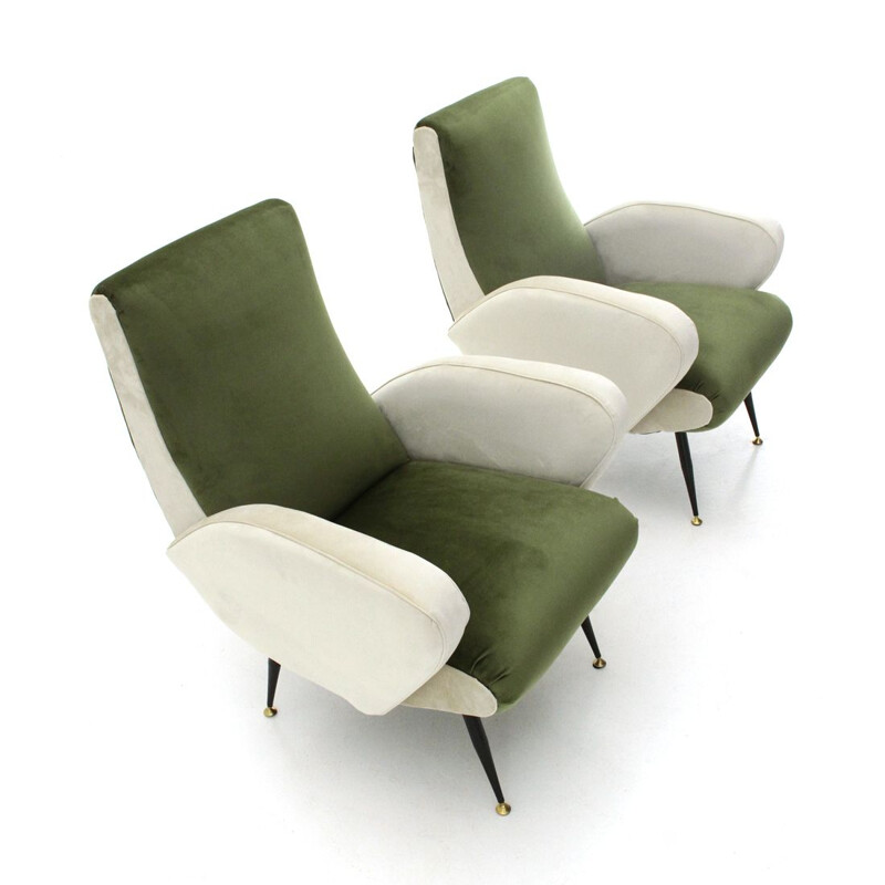 Paar vintage fauteuils in groen en wit fluweel 1950