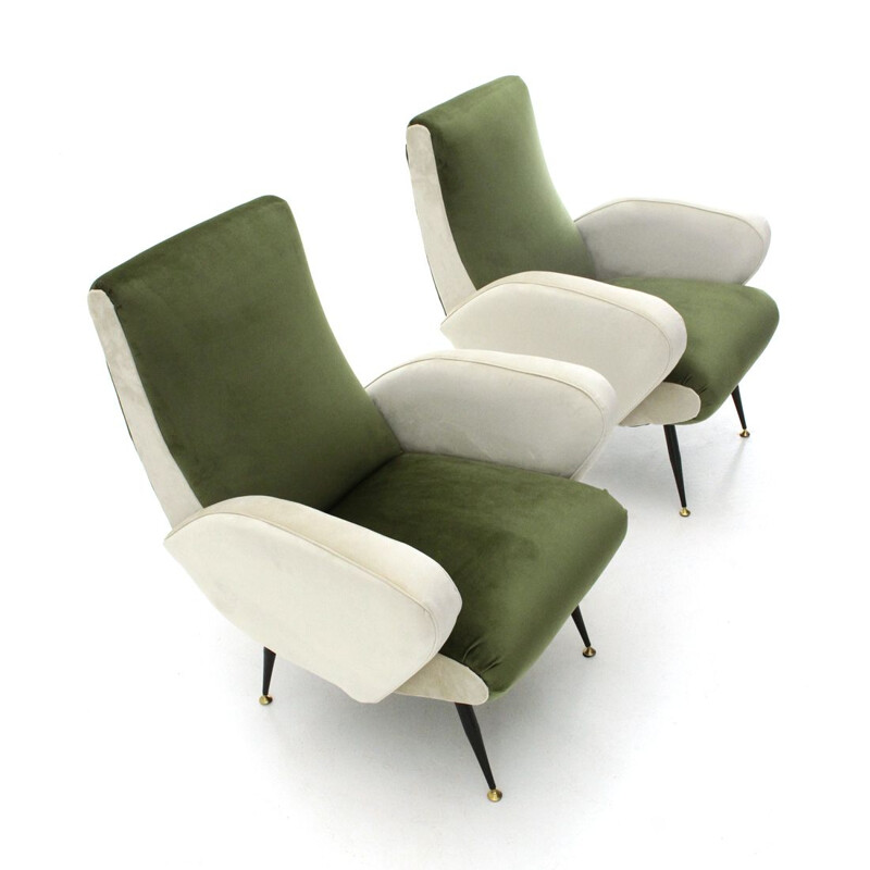 Pareja de sillones de época en terciopelo verde y blanco 1950