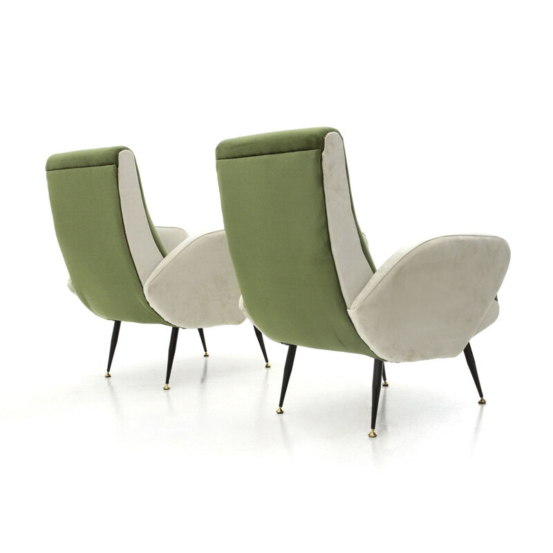 Pair of vintage armchairs in green and white velvet, 1950s