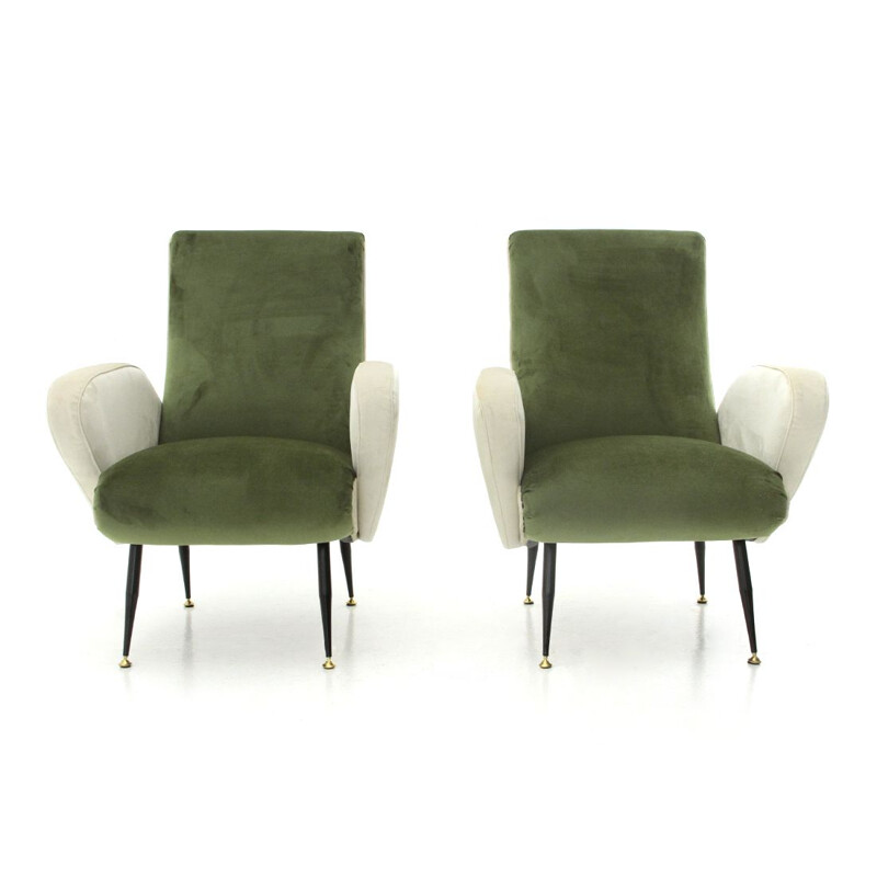 Pair of vintage armchairs in green and white velvet, 1950s