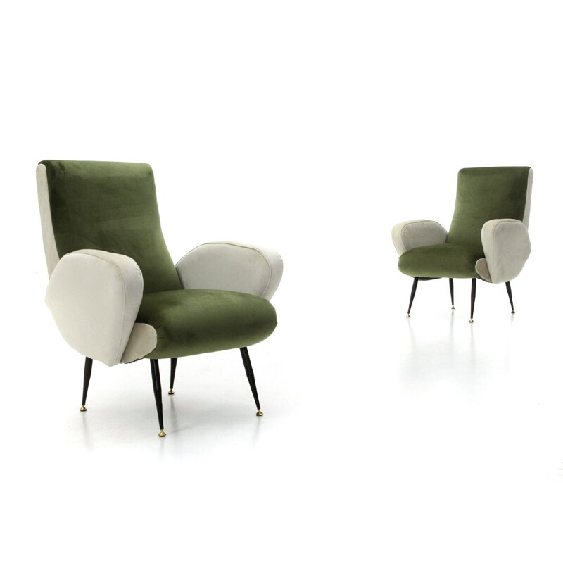 Pair of vintage armchairs in green and white velvet, 1950s