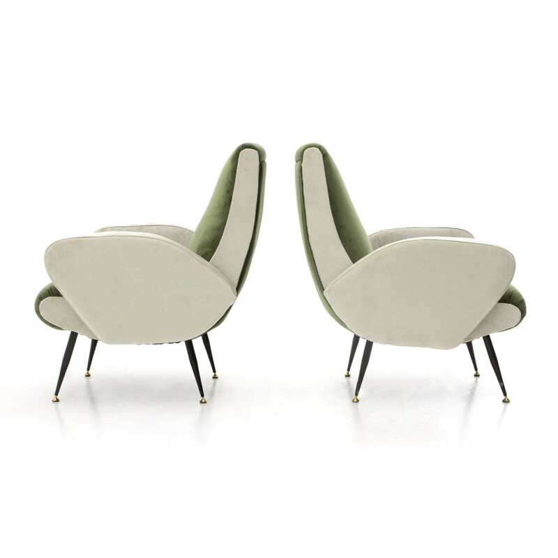 Pair of vintage armchairs in green and white velvet, 1950s