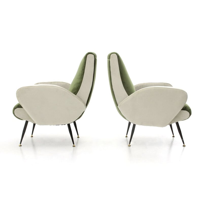 Paire de fauteuils vintage en velours vert et blanc 1950