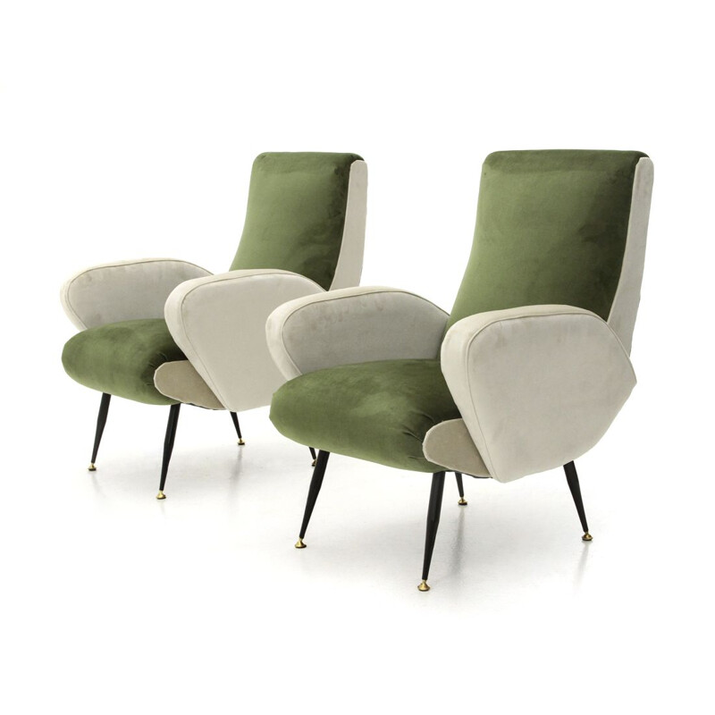 Pair of vintage armchairs in green and white velvet, 1950s