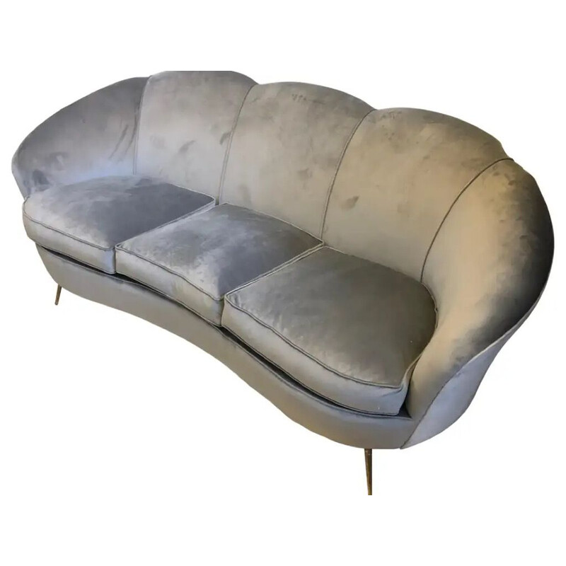 Mid-Century Brass and Velvet Curved Sofa Gio Ponti 1950