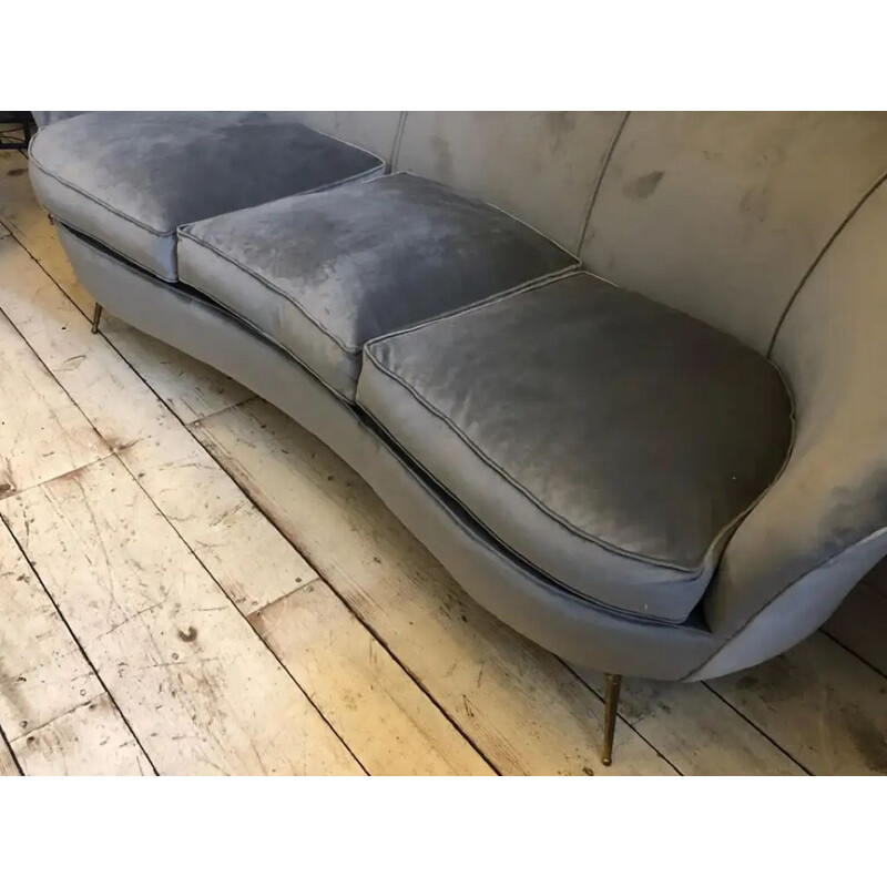 Mid-Century Brass and Velvet Curved Sofa Gio Ponti 1950