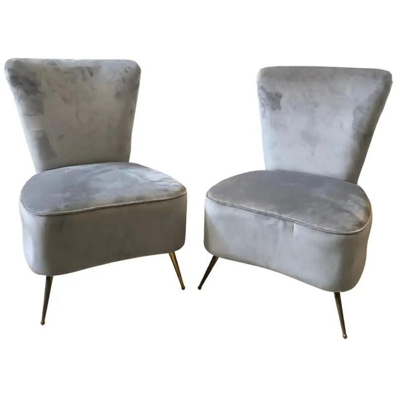 Pair of Mid-Century Grey Velvet and Brass Italian Armchairs 1950