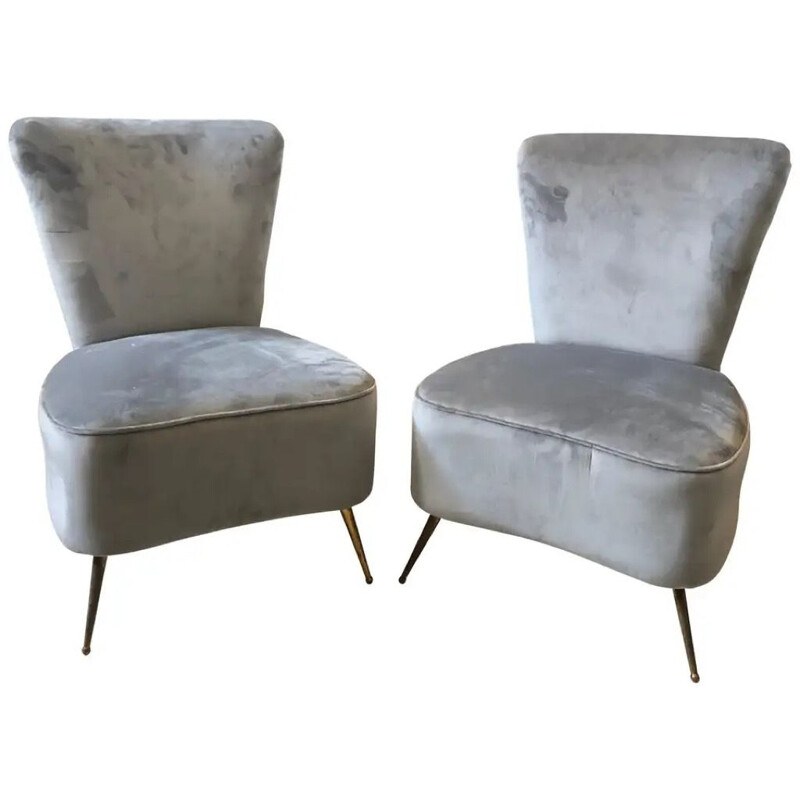 Paire de fauteuils vintage en velours gris et laiton italiens 1950