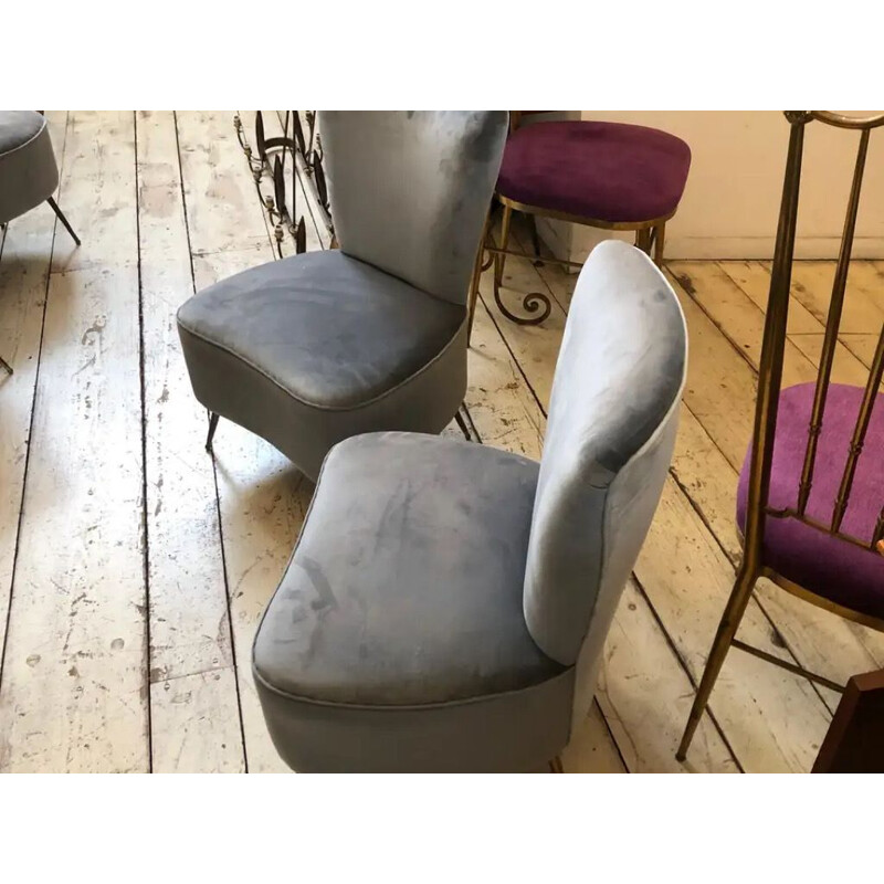 Pair of Mid-Century Grey Velvet and Brass Italian Armchairs 1950