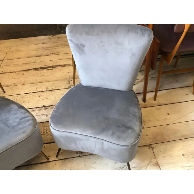 Pair of Mid-Century Grey Velvet and Brass Italian Armchairs 1950