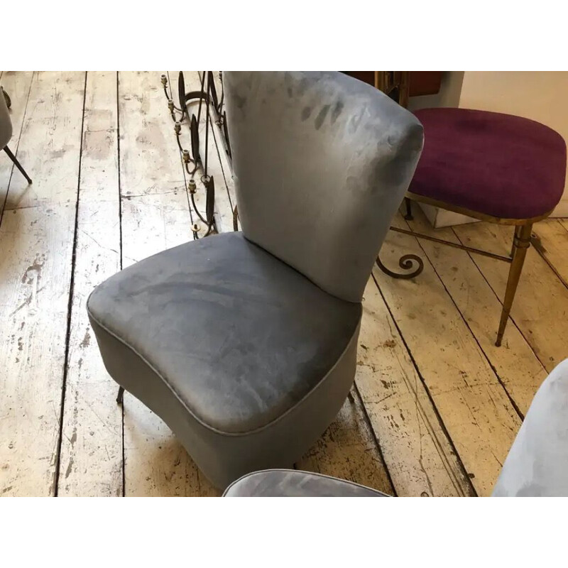 Pair of Mid-Century Grey Velvet and Brass Italian Armchairs 1950