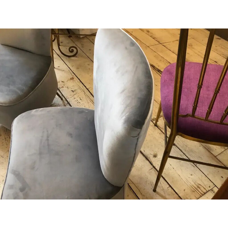 Pair of Mid-Century Grey Velvet and Brass Italian Armchairs 1950