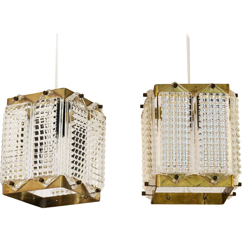 Pair of vintage brass and glass pendant lights by Wiktor Berndt for Flygsfors Sweden 1960s