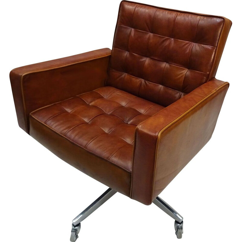 Vintage leather and aluminium Mid Century Knoll cognac office chair by Vincent Cafiero 1950