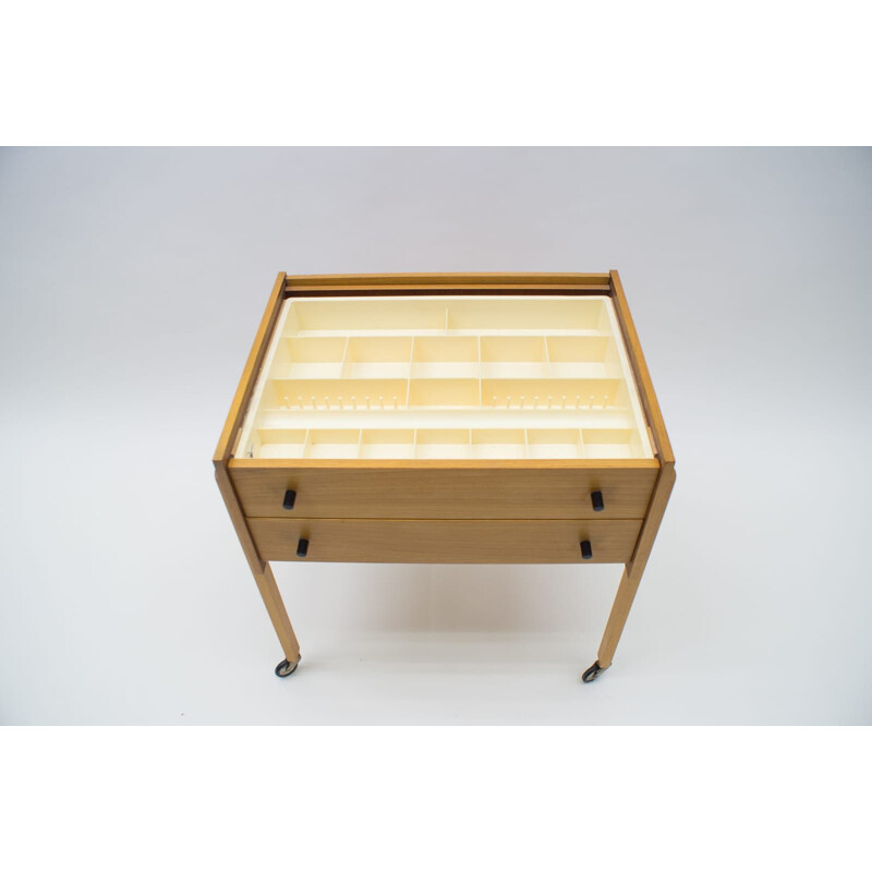 Vintage cherry wood sewing box with horn collection, 1960