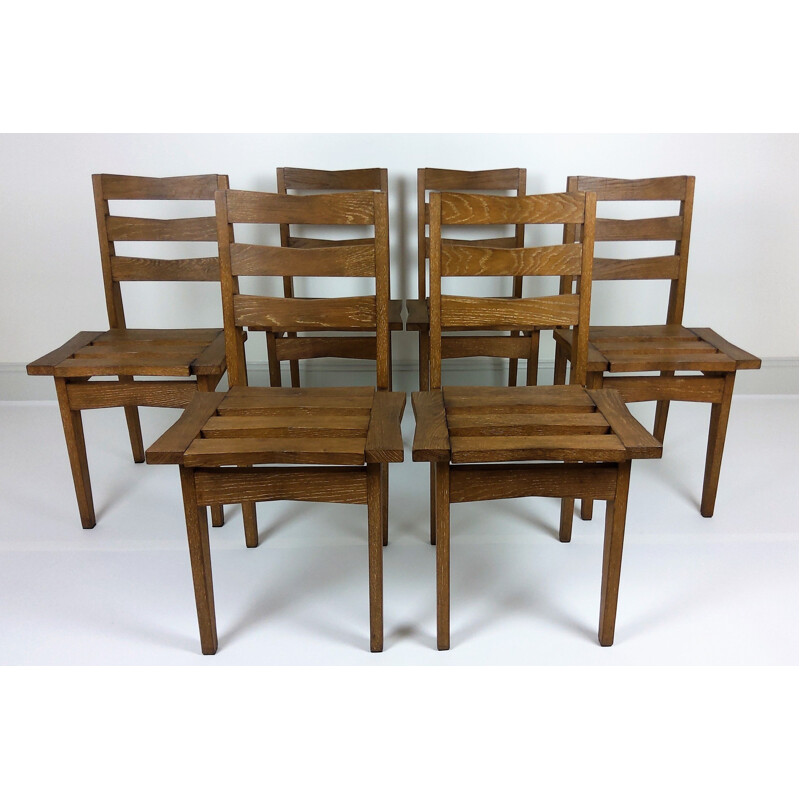 6 Vintage oak chairs by Maurice Pré and Janette Laverrière 1950