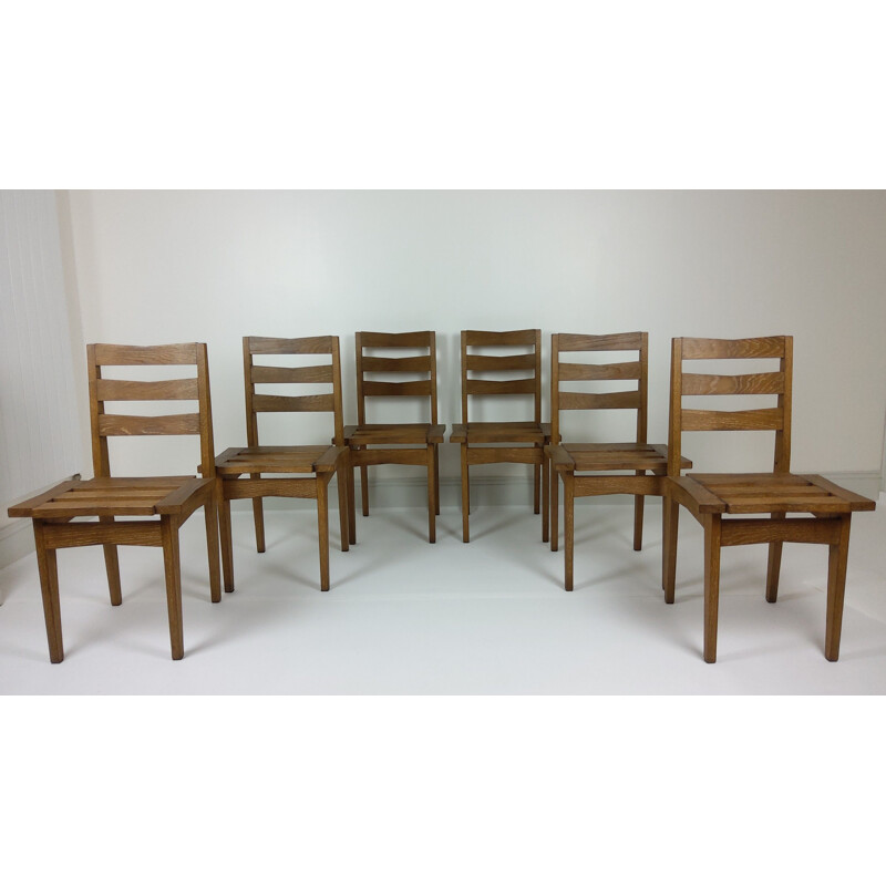 6 Chaises vintage  en chêne de Maurice Pré et Janette Laverrière 1950