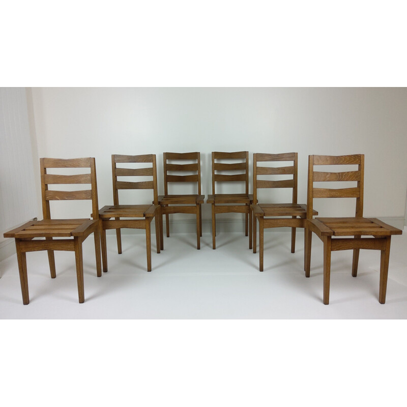 6 Vintage oak chairs by Maurice Pré and Janette Laverrière 1950