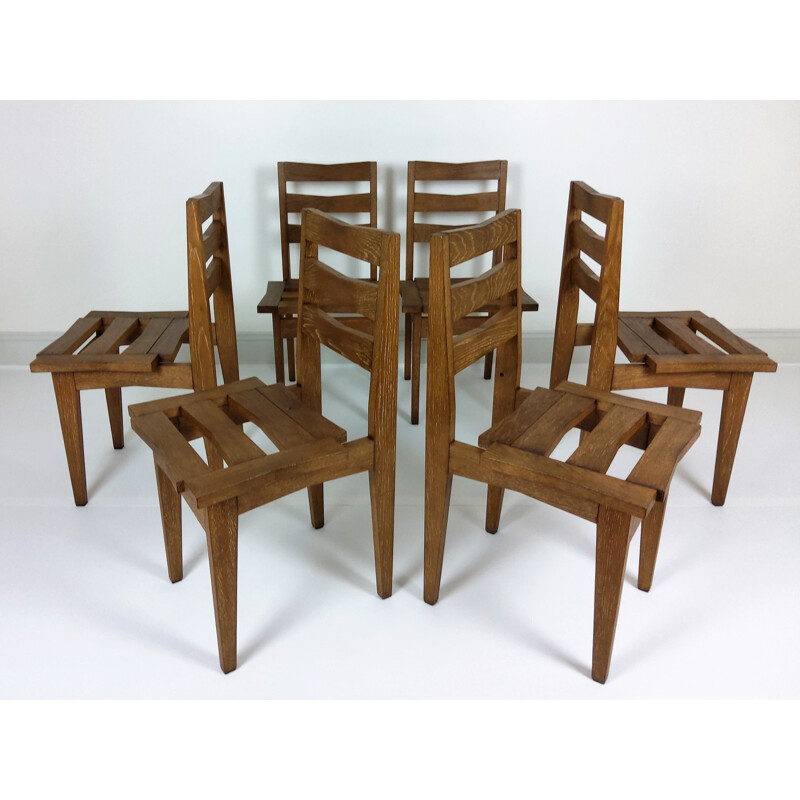 6 Vintage oak chairs by Maurice Pré and Janette Laverrière 1950