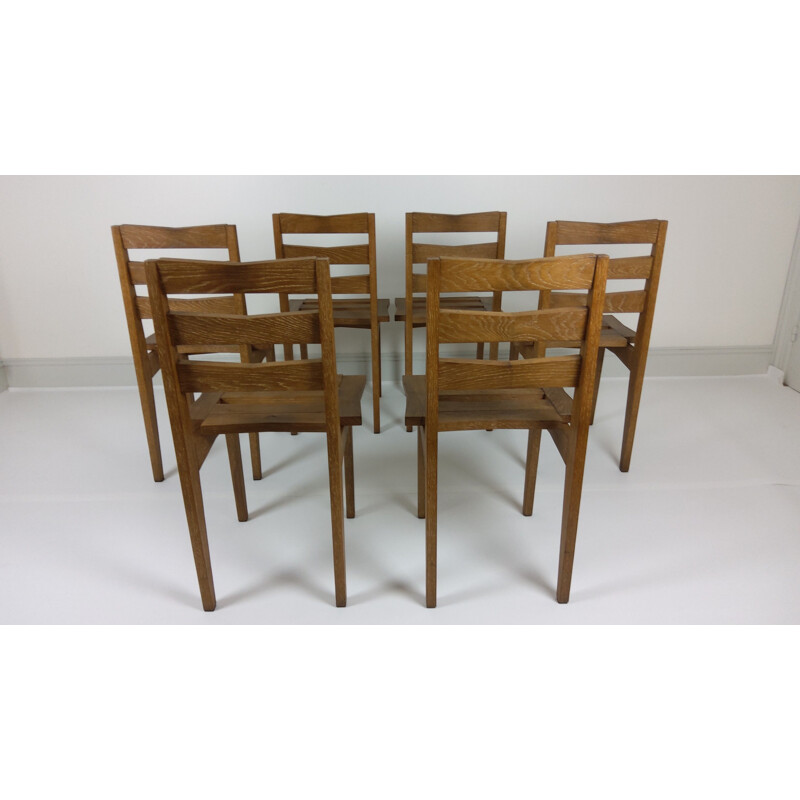 6 Vintage oak chairs by Maurice Pré and Janette Laverrière 1950