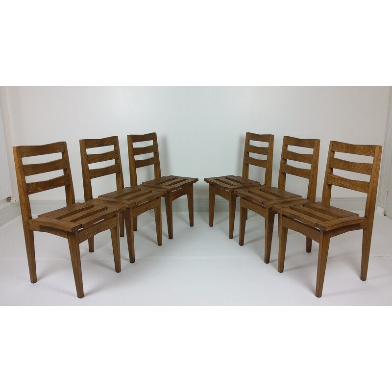 6 Vintage oak chairs by Maurice Pré and Janette Laverrière 1950