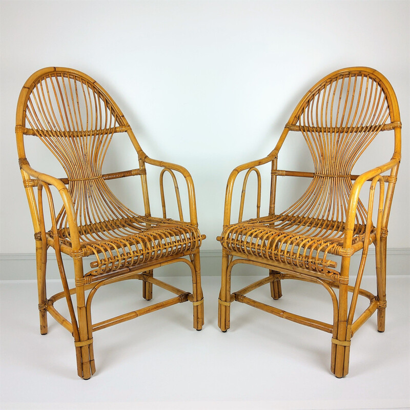 Pareja de grandes sillones vintage de ratán de bambú 1960