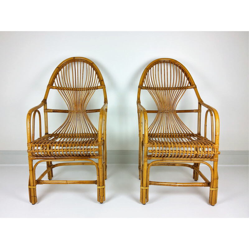 Pareja de grandes sillones vintage de ratán de bambú 1960