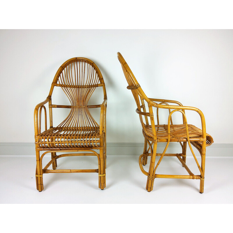 Pareja de grandes sillones vintage de ratán de bambú 1960