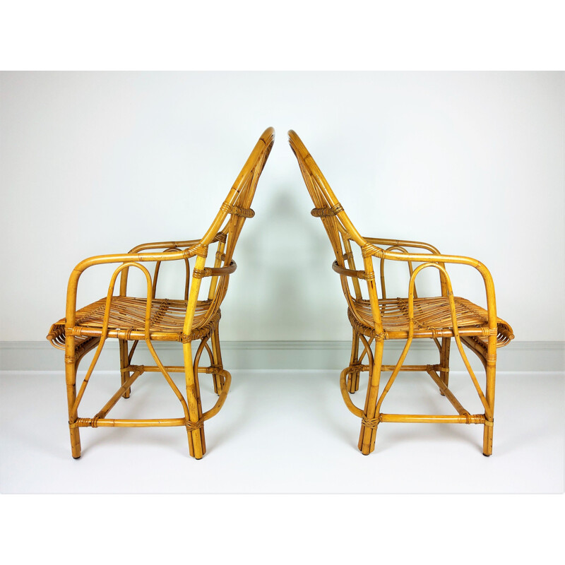 Pair of Large vintage bamboo rattan armchairs 1960