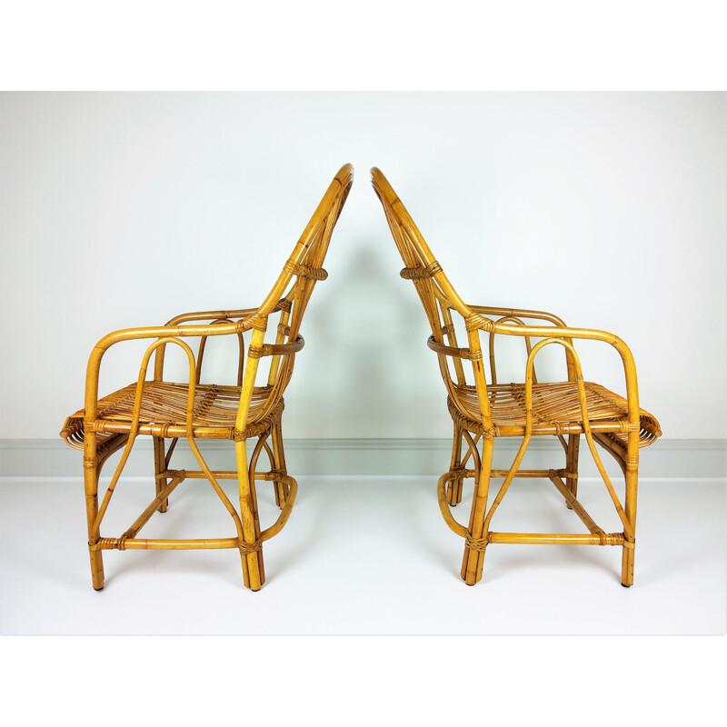 Pareja de grandes sillones vintage de ratán de bambú 1960
