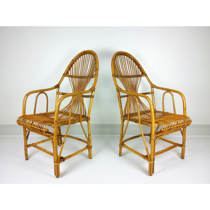 Paire de Grands fauteuils vintage bambou rotin 1960