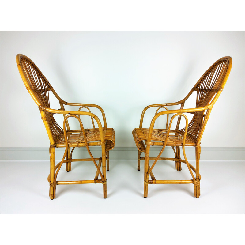 Pair of Large vintage bamboo rattan armchairs 1960