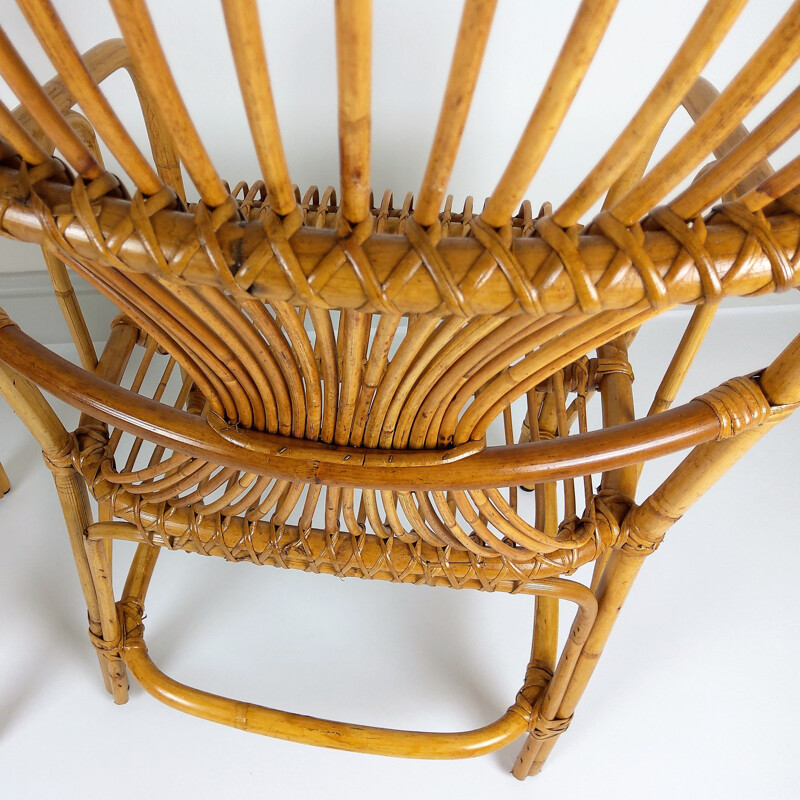 Pareja de grandes sillones vintage de ratán de bambú 1960