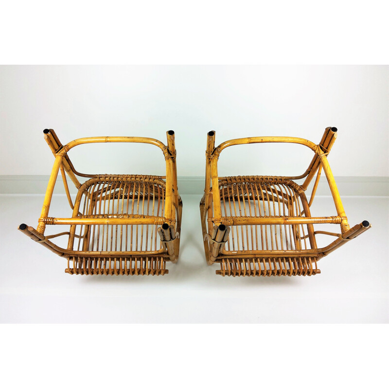 Paire de Grands fauteuils vintage bambou rotin 1960